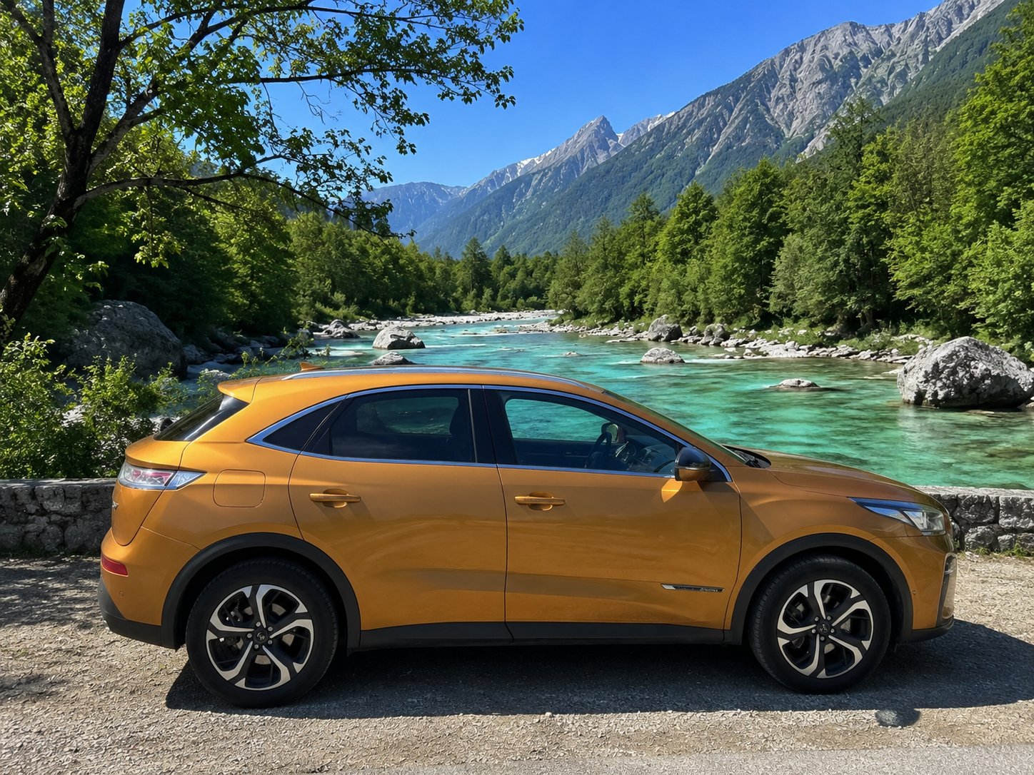 DS7 SUV side view by the Soča